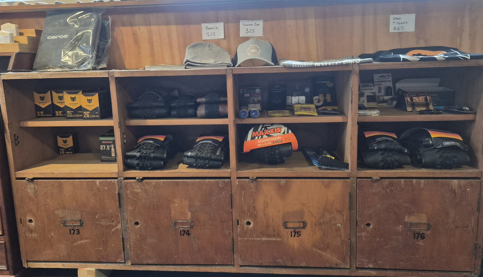 Bike tyres, inner tubes and accessories on display